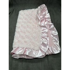 First Impressions Rosette Pink Plush Satin Ruffle Trim Baby Blanket